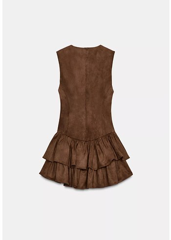 Kahverengi süet fırfırlı Mini Elbise - Görsel 4