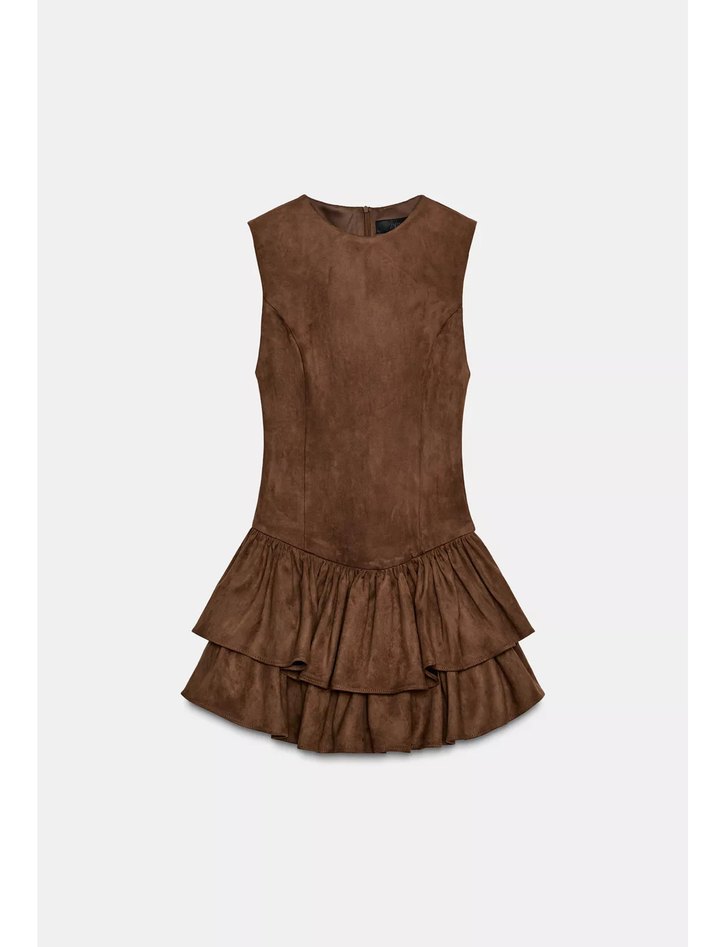 Kahverengi süet fırfırlı Mini Elbise - Görsel 5