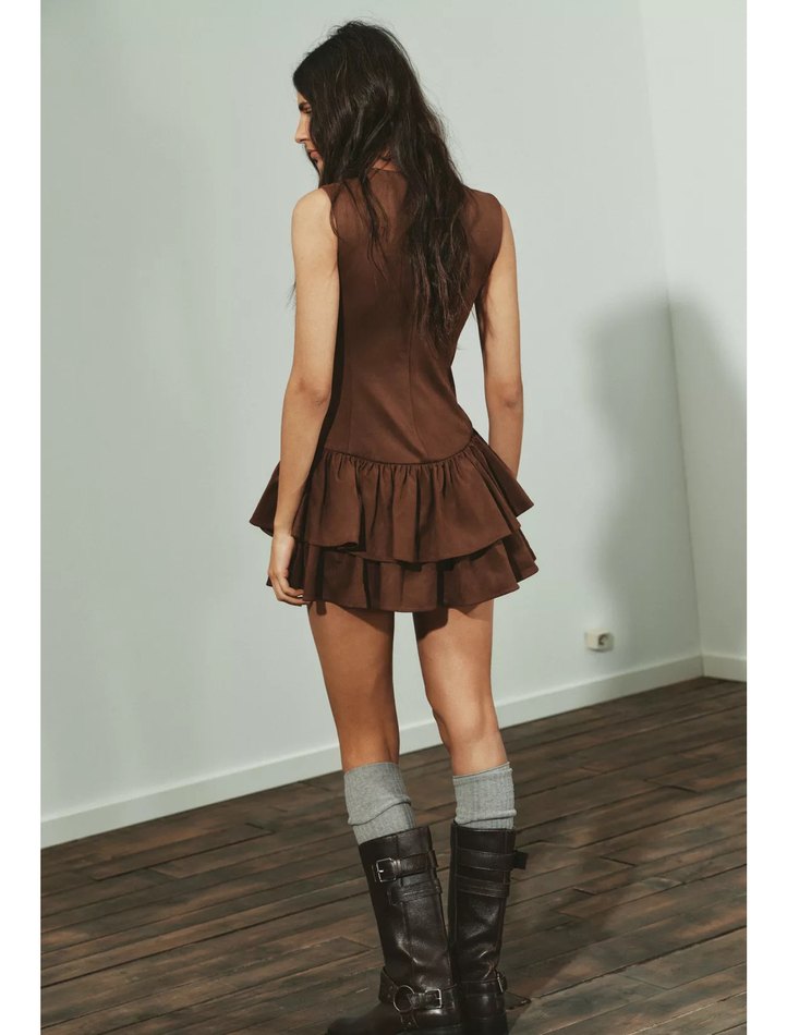 Kahverengi süet fırfırlı Mini Elbise - Görsel 3