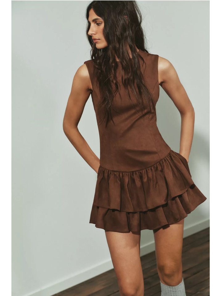 Kahverengi süet fırfırlı Mini Elbise - Görsel 2