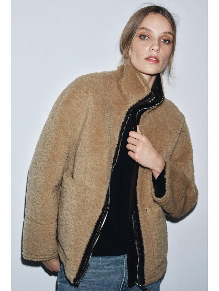 Bej Süet Peluş Detaylı Kadın Ceket - Görsel 4