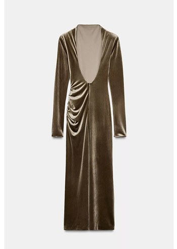 Bej Kadın Uzun Drapeli Süet Elbise - Görsel 3