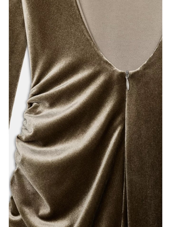 Bej Kadın Uzun Drapeli Süet Elbise - Görsel 5