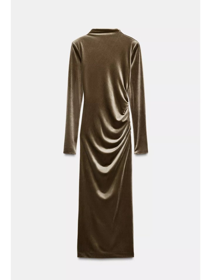 Bej Kadın Uzun Drapeli Süet Elbise - Görsel 2