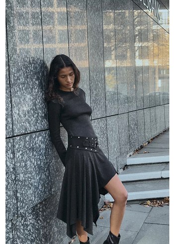 Kadın Gri Uzun Kemerli Triko Elbise - Görsel 4