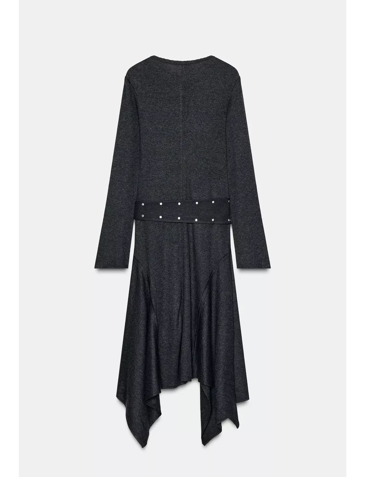 Kadın Gri Uzun Kemerli Triko Elbise - Görsel 2