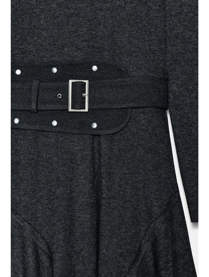 Kadın Gri Uzun Kemerli Triko Elbise - Görsel 3