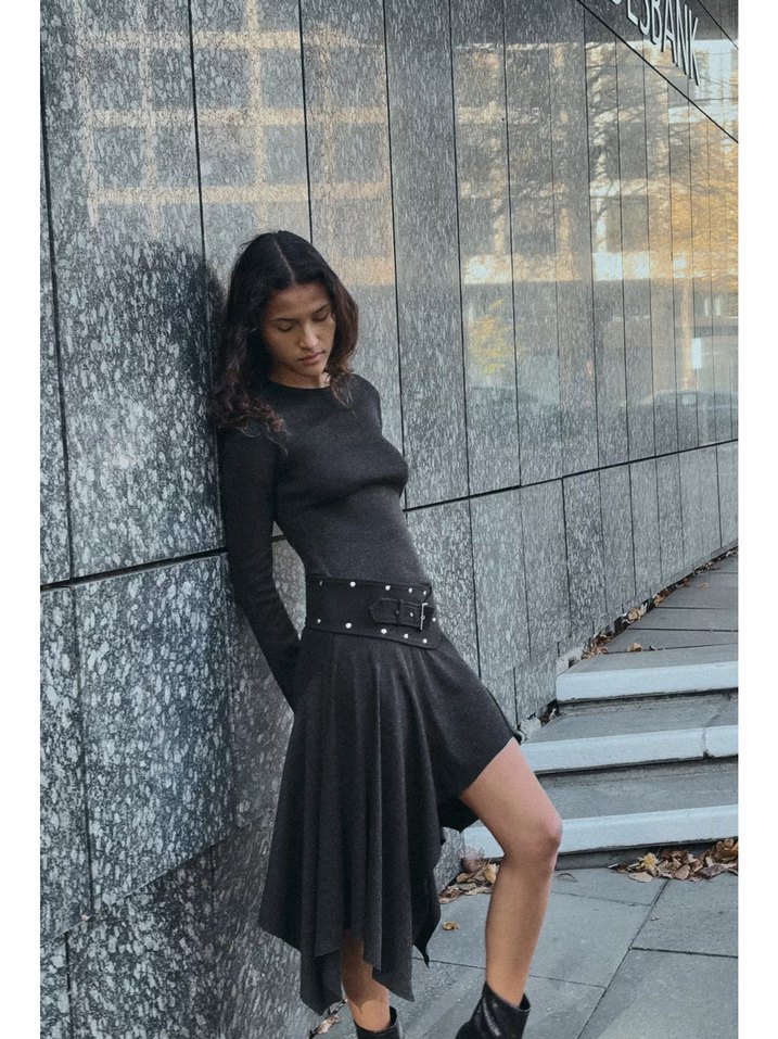 Kadın Gri Uzun Kemerli Triko Elbise - Görsel 4