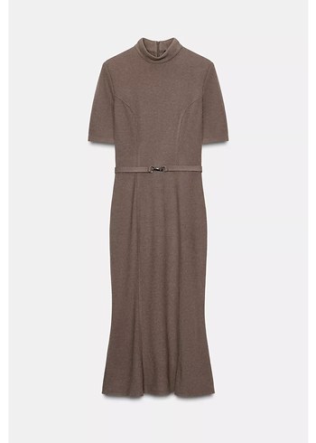 Bej Deri Midi Triko Elbise - Görsel 3