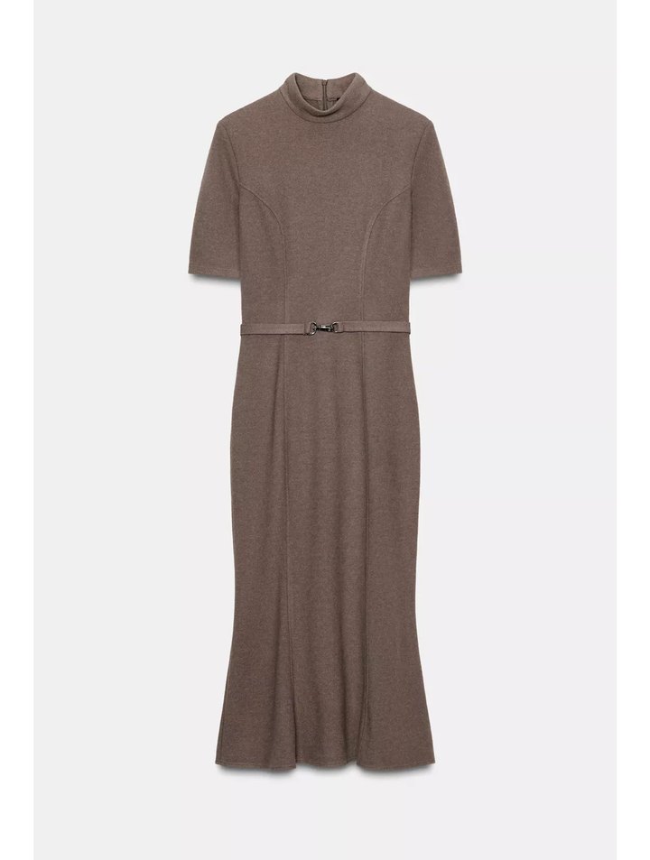 Bej Deri Midi Triko Elbise - Görsel 3