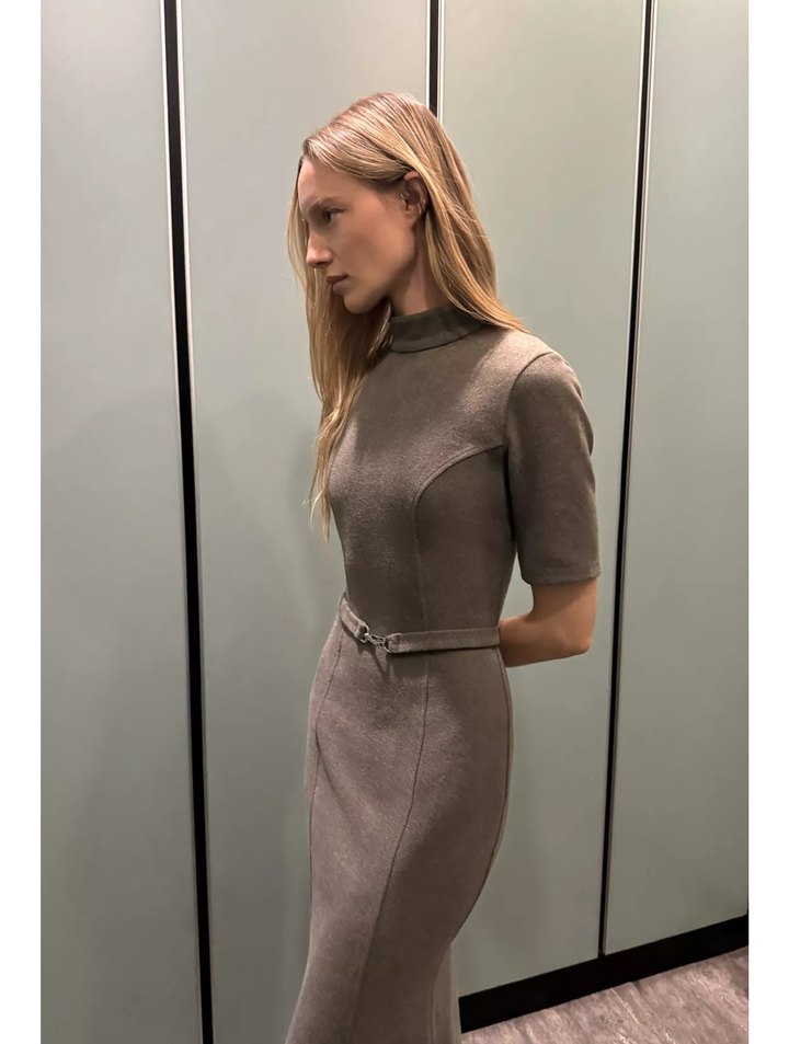 Bej Deri Midi Triko Elbise - Görsel 2