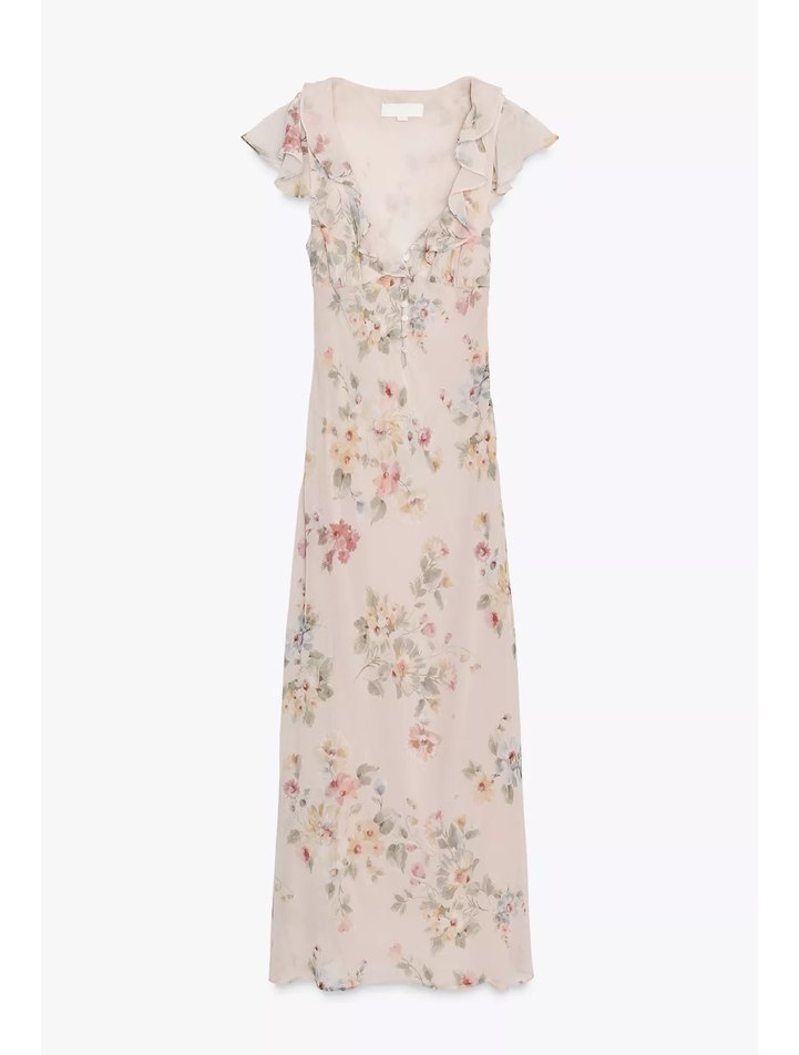 V Yaka Çiçekli Uzun Kadın Elbise - Görsel 3