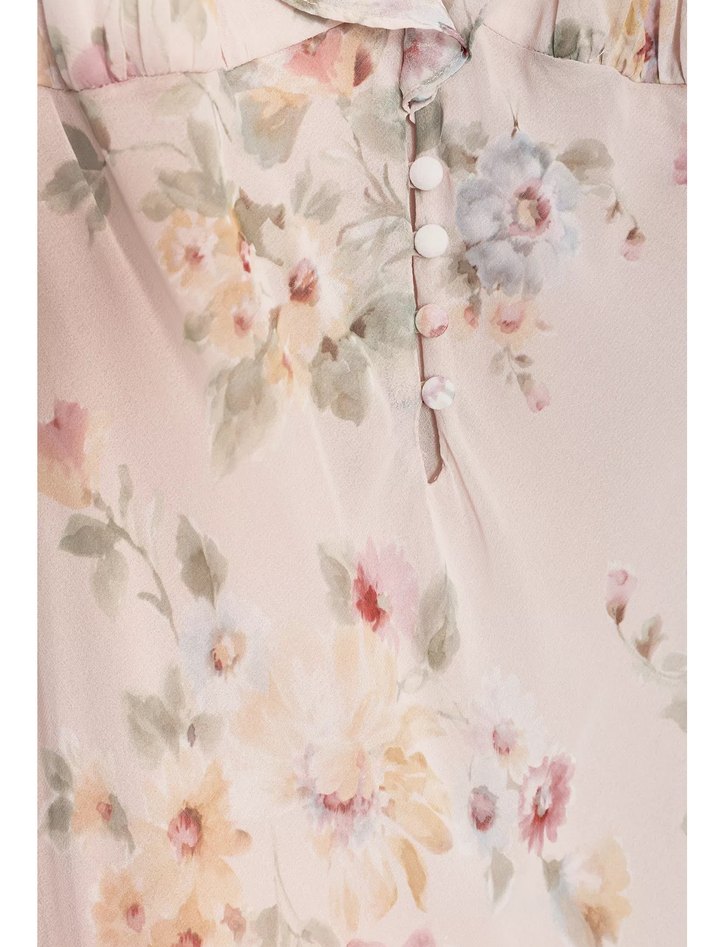 V Yaka Çiçekli Uzun Kadın Elbise - Görsel 4