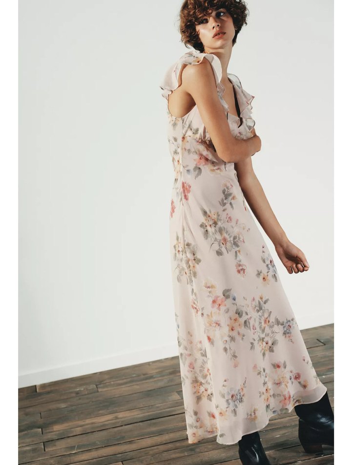 V Yaka Çiçekli Uzun Kadın Elbise - Görsel 2