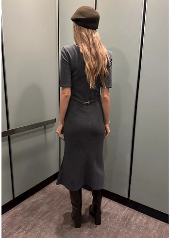 Gri kemerli Uzun Kalem Elbise - Görsel 4