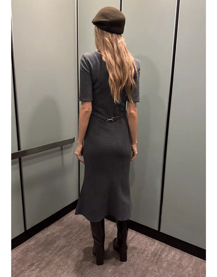 Gri kemerli Uzun Kalem Elbise - Görsel 4