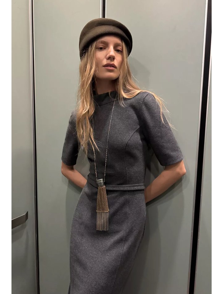 Gri kemerli Uzun Kalem Elbise - Görsel 3