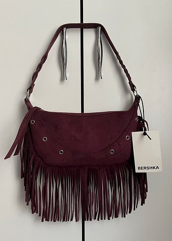 Bershka Bordo Süet Püsküllü Bohem Kadın Çanta