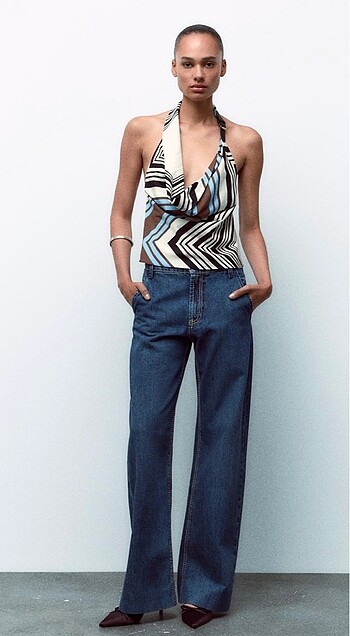 Zara Zara çizgili kemerli poplin halter yaka top y2k