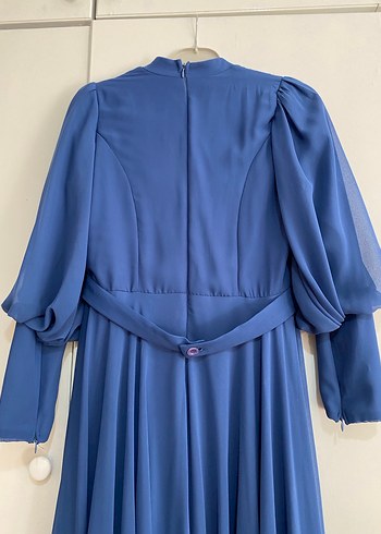 Uzun Mavi İşlemeli Kadın Abiye Elbise - Görsel 7