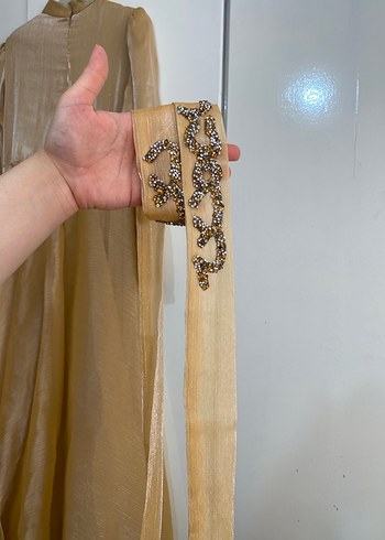 Uzun Kollu Nakışlı Bej Vintage Elbise abiye - Görsel 5