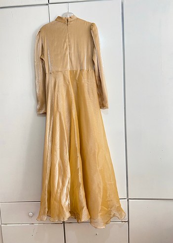 Uzun Kollu Nakışlı Bej Vintage Elbise abiye - Görsel 6