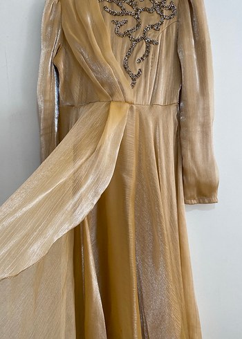 Uzun Kollu Nakışlı Bej Vintage Elbise abiye - Görsel 3