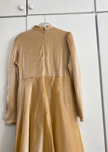 Uzun Kollu Nakışlı Bej Vintage Elbise abiye - Görsel 7