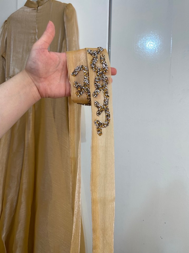 Uzun Kollu Nakışlı Bej Vintage Elbise abiye - Görsel 5