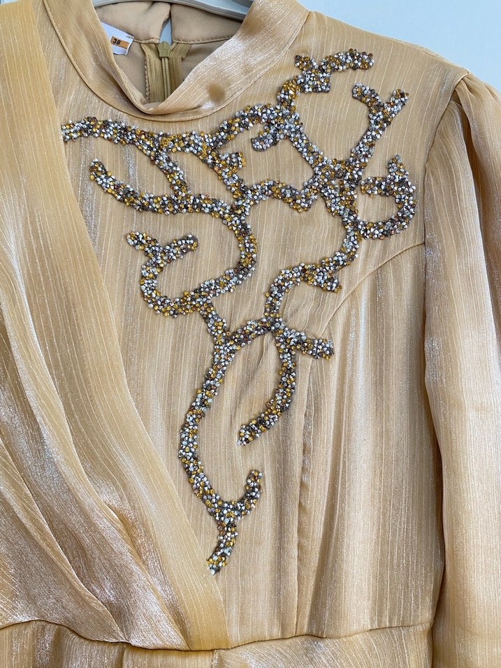 Uzun Kollu Nakışlı Bej Vintage Elbise abiye - Görsel 4