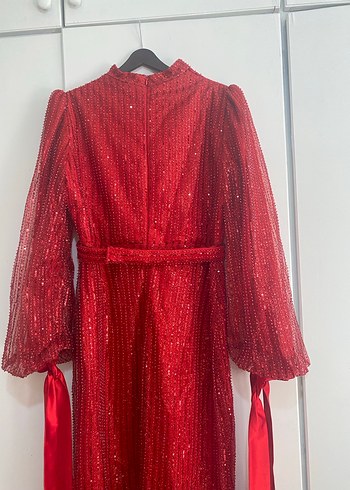 Parlak Kırmızı Uzun Kadın Abiye Elbise - Görsel 7