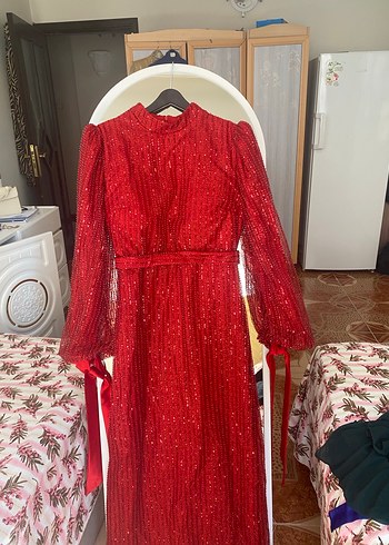 Parlak Kırmızı Uzun Kadın Abiye Elbise - Görsel 3