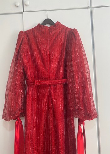 Parlak Kırmızı Uzun Kadın Abiye Elbise - Görsel 8