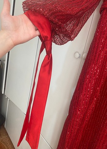 Parlak Kırmızı Uzun Kadın Abiye Elbise - Görsel 6