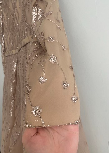 Bej Uzun Kollu Drapeli Abiye Elbise - Görsel 4