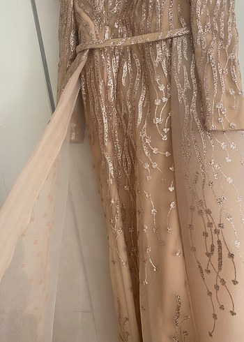 Bej Uzun Kollu Drapeli Abiye Elbise - Görsel 6