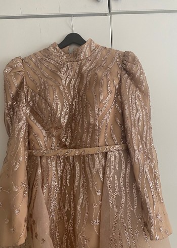 Bej Uzun Kollu Drapeli Abiye Elbise - Görsel 9