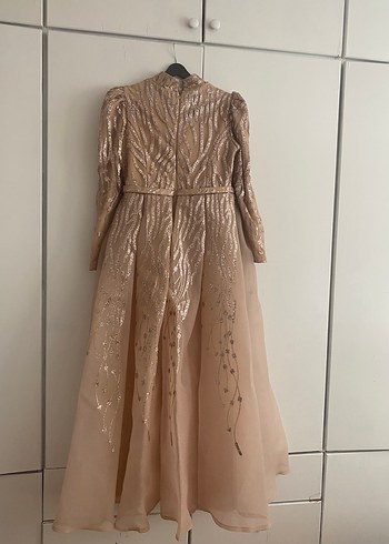 Bej Uzun Kollu Drapeli Abiye Elbise - Görsel 2