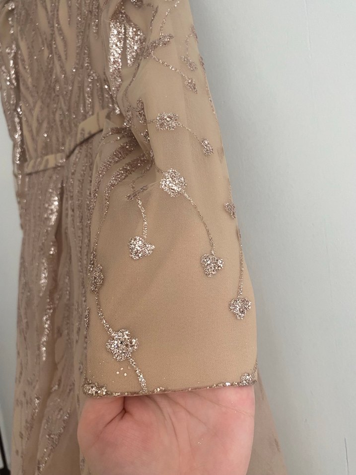 Bej Uzun Kollu Drapeli Abiye Elbise - Görsel 4