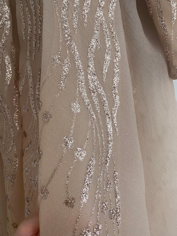 Bej Uzun Kollu Drapeli Abiye Elbise - Görsel 5