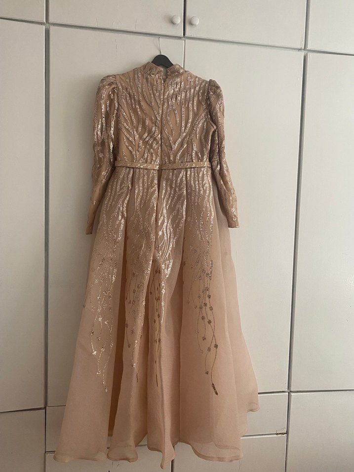 Bej Uzun Kollu Drapeli Abiye Elbise - Görsel 2