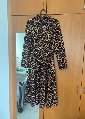 Abiye Kahverengi Leopar Desenli Uzun Kollu Kadın Elbise