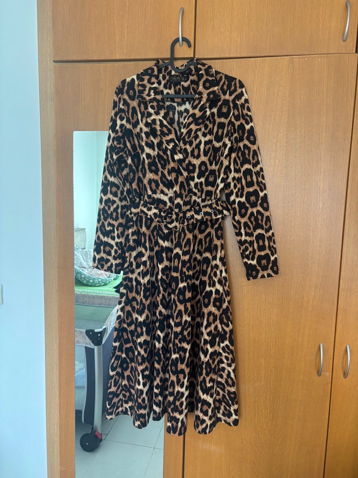 Kahverengi Leopar Desenli Uzun Kollu Kadın Elbise - Görsel 4