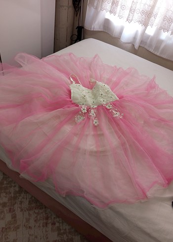 Kız Çocuk Pembe Dantel Detaylı elbise - Görsel 7