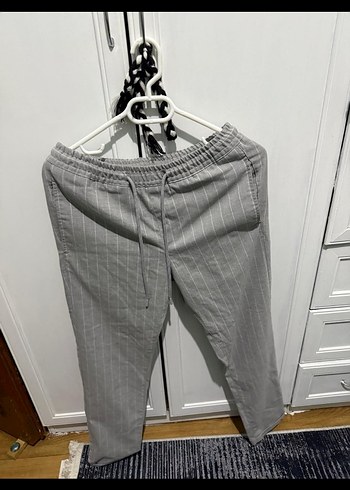 Gri Keten erkek Pantolon, Kemerli, Midi Boy - Görsel 2