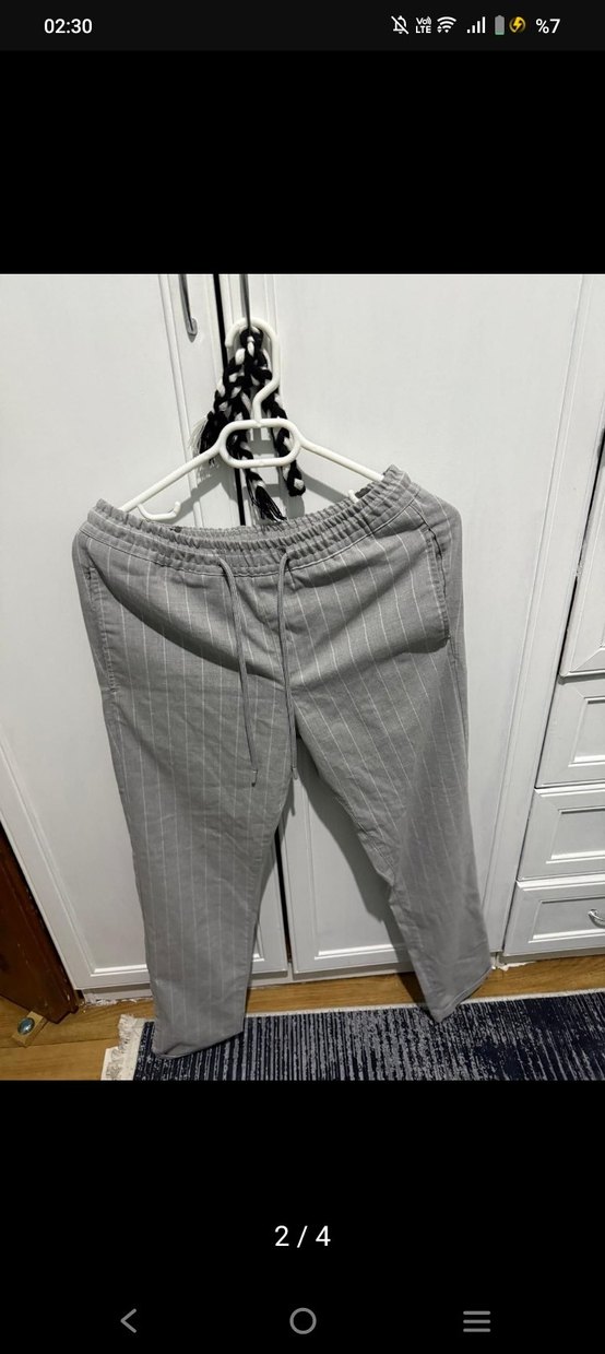 Gri Keten erkek Pantolon, Kemerli, Midi Boy - Görsel 2