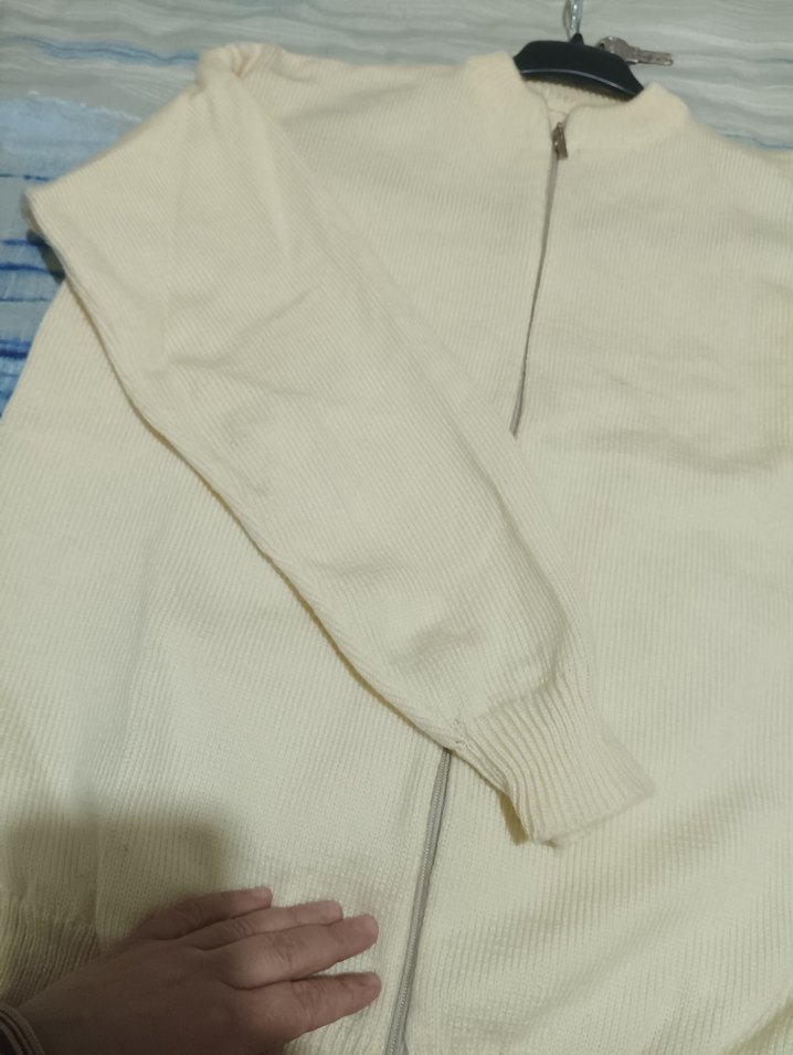 Beyaz Fermuarlı Erkek Sweatshirt el örgüsü - Görsel 3