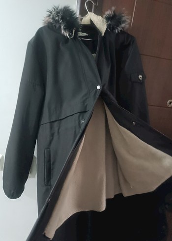 Siyah Uzun Kadın Ceket Kürklü Kapüşonlu - Görsel 5