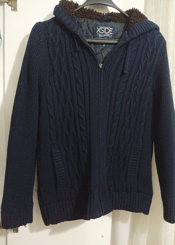 Mavi Kapüşonlu Örgü Erkek Kazak - Görsel 3