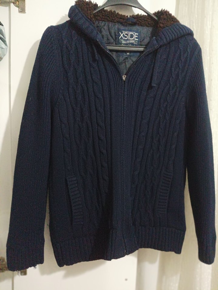 Mavi Kapüşonlu Örgü Erkek Kazak - Görsel 3